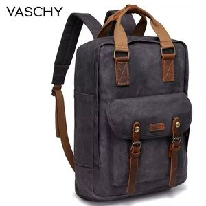 VASCHY Vintage Man Women  Leather Canvas Explorer Laptop Backpack Gray